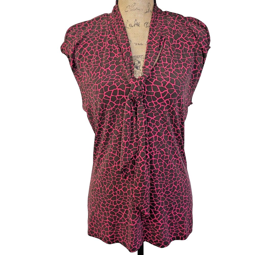 ECCOCI Women's Pink Brown Giraffe Print Jersey Cap Sleeve Tie-Neck Blouse Sz M